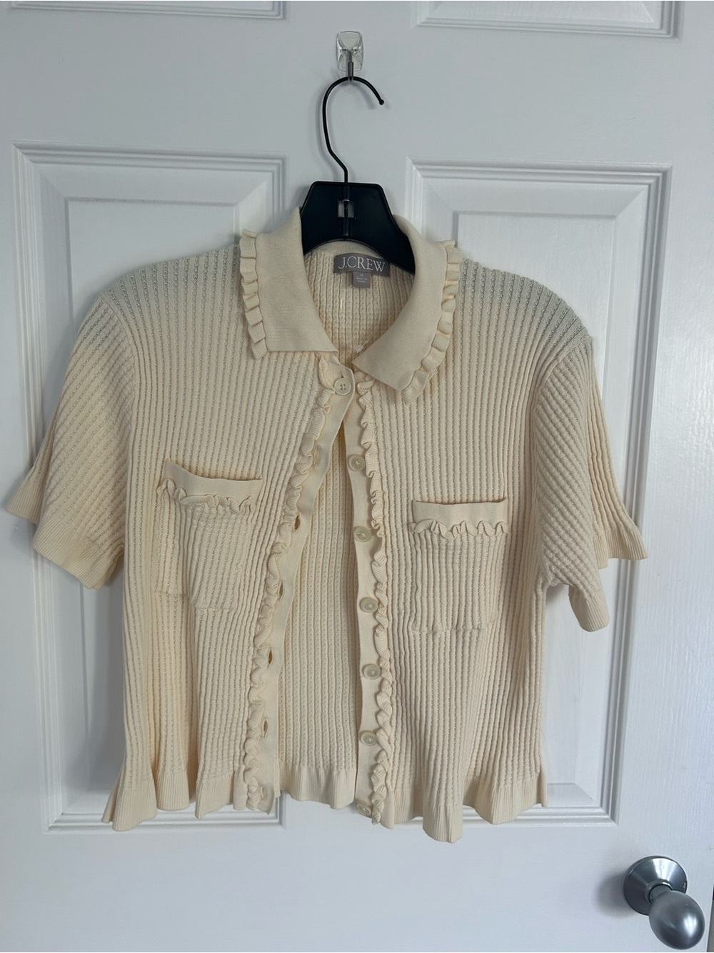 J.Crew Cream Knit Short Sleeve Cardigan with Ruffle Trim